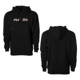 Black FLY x dbk hoodie shown front and back, with logo print and drawstring hood