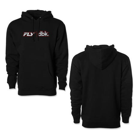 Two views of black hoodie with FLY and dbk logo on the front