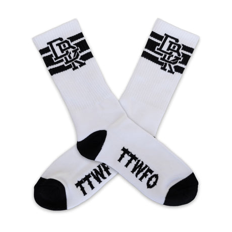 2-pack white crew socks with black toe/heel, top graphic, and “TTWTF” lettering.