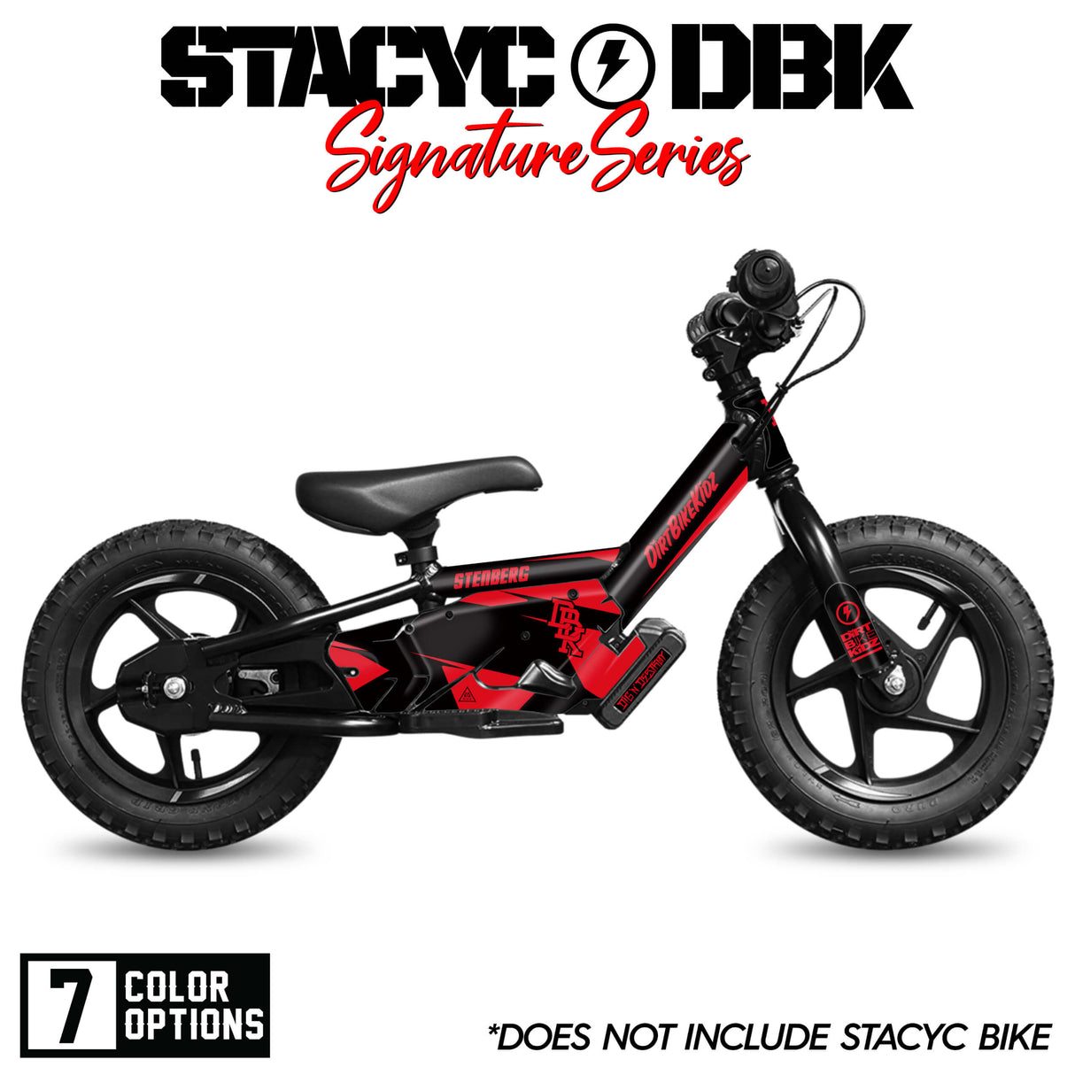 Stacyc Signature Series balance bike, red and black side view with saddle and headlight