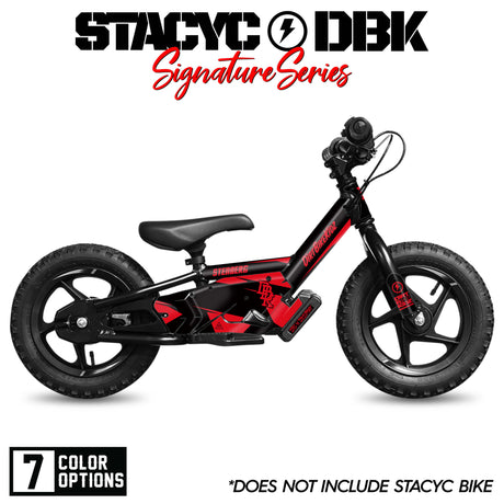 Stacyc Signature Series balance bike, red and black side view with saddle and headlight