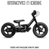 Black small-wheel bicycle with custom side graphics and decals, handlebar and headlight