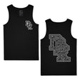 Black tank top with small chest logo and scoop neck