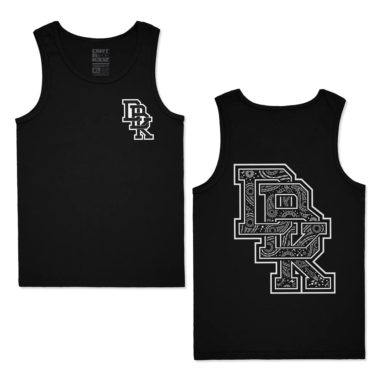 Black tank top with small chest logo and scoop neck