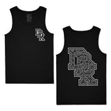 Black tank top with small chest logo and scoop neck
