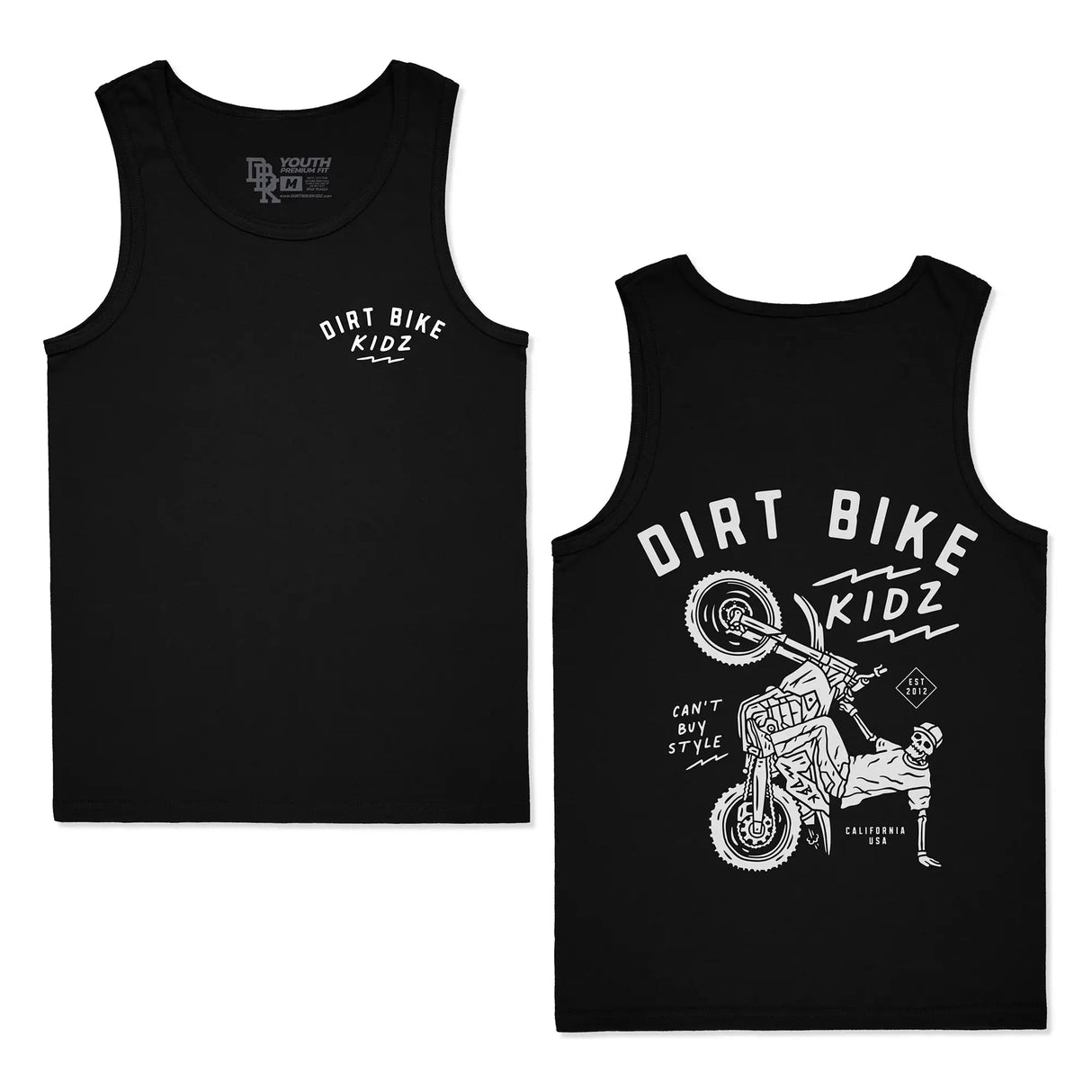 Black youth tank top with scoop neck and Dirt Bike Kidz front graphic