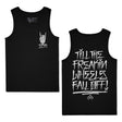 Black youth premium tank top, small chest hand logo; back has large lettering graphic.