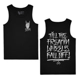 Black youth premium tank top, small chest hand logo; back has large lettering graphic.