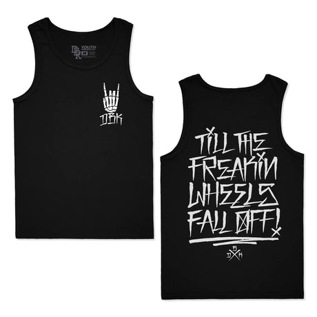 Black youth premium tank top, small chest hand logo; back has large lettering graphic.