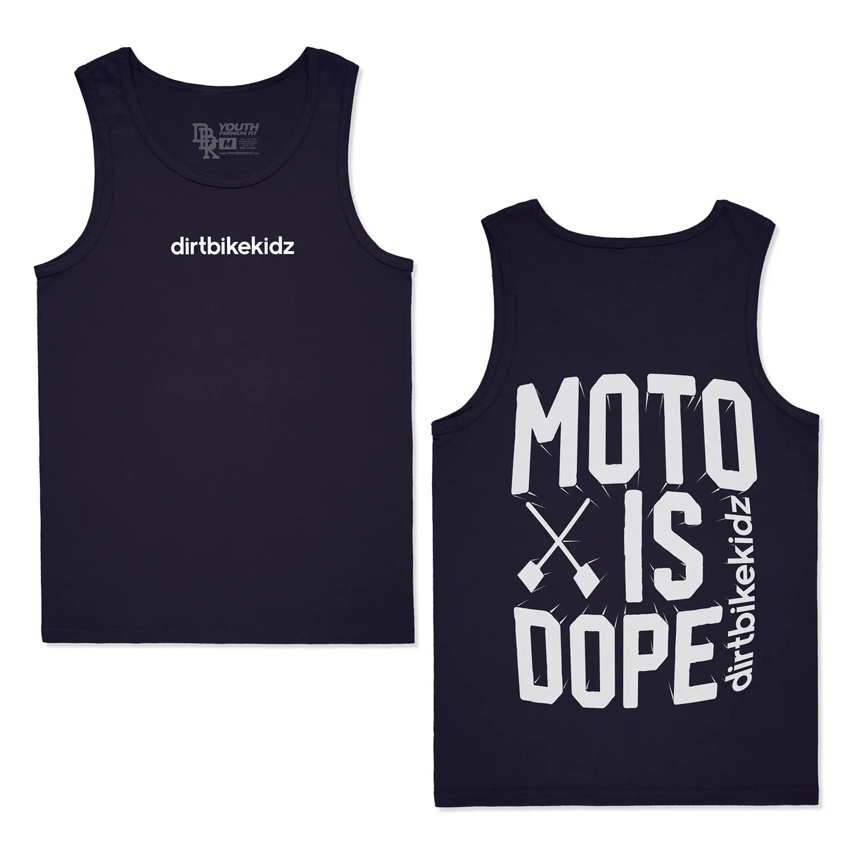Navy youth tank top with 'dirtbikekidz' chest graphic and crew neckline.