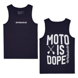 Navy youth tank top with 'dirtbikekidz' chest graphic and crew neckline.