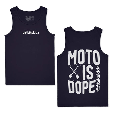 Navy youth tank top with 'dirtbikekidz' chest graphic and crew neckline.