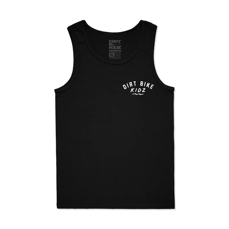 Black sleeveless Tank Top with small chest logo text, plain front and back