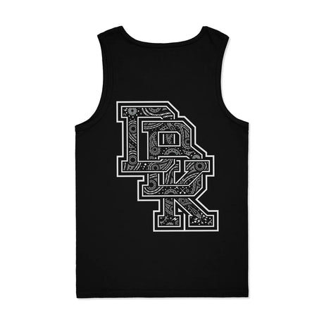 Black sleeveless tank top with large patterned 'R' graphic print on front