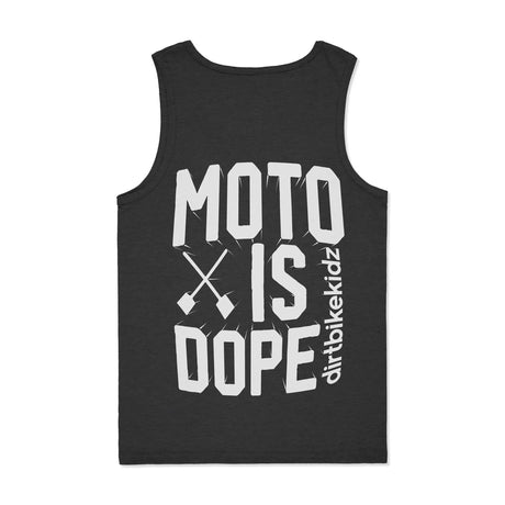 Camiseta sin mangas gris oscuro con diseño grande blanco “MOTO IS DOPE”