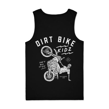 Black youth tank top with large “Dirt Bike Kidz” motocross rider graphic