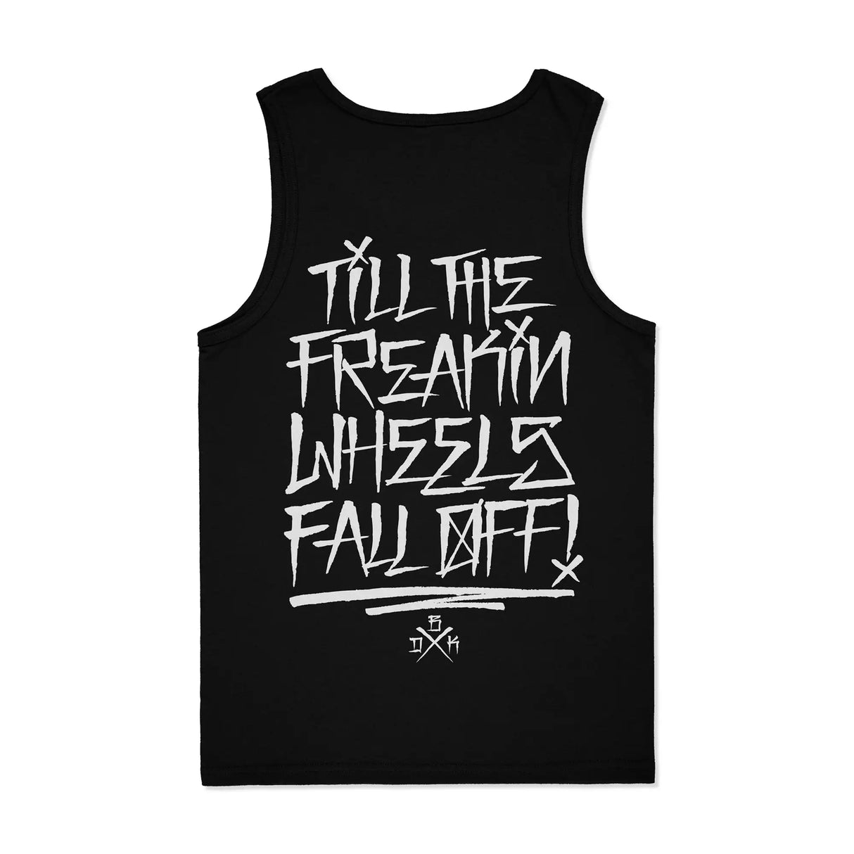 Black youth premium tank top with large white distressed lettering graphic on back.