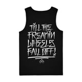 Black youth premium tank top with large white distressed lettering graphic on back.