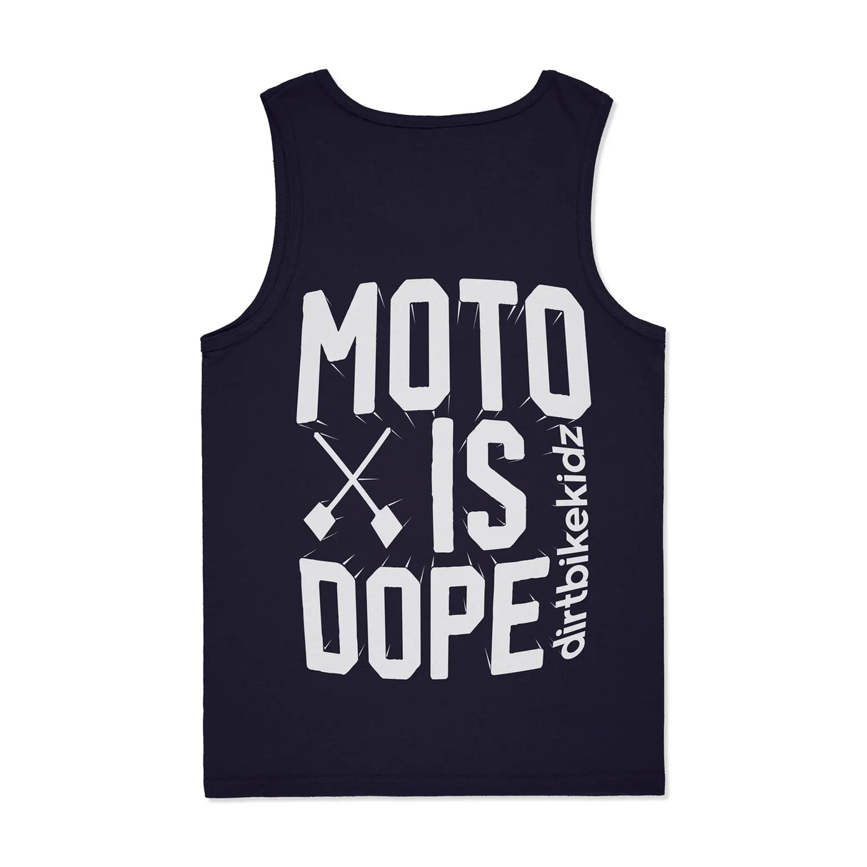 Navy youth tank top with large MOTO IS DOPE graphic and cross design.