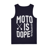 Navy youth tank top with large MOTO IS DOPE graphic and cross design.