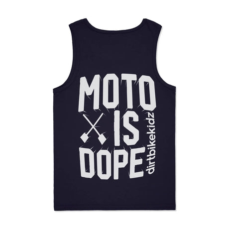 Navy youth tank top with large MOTO IS DOPE graphic and cross design.