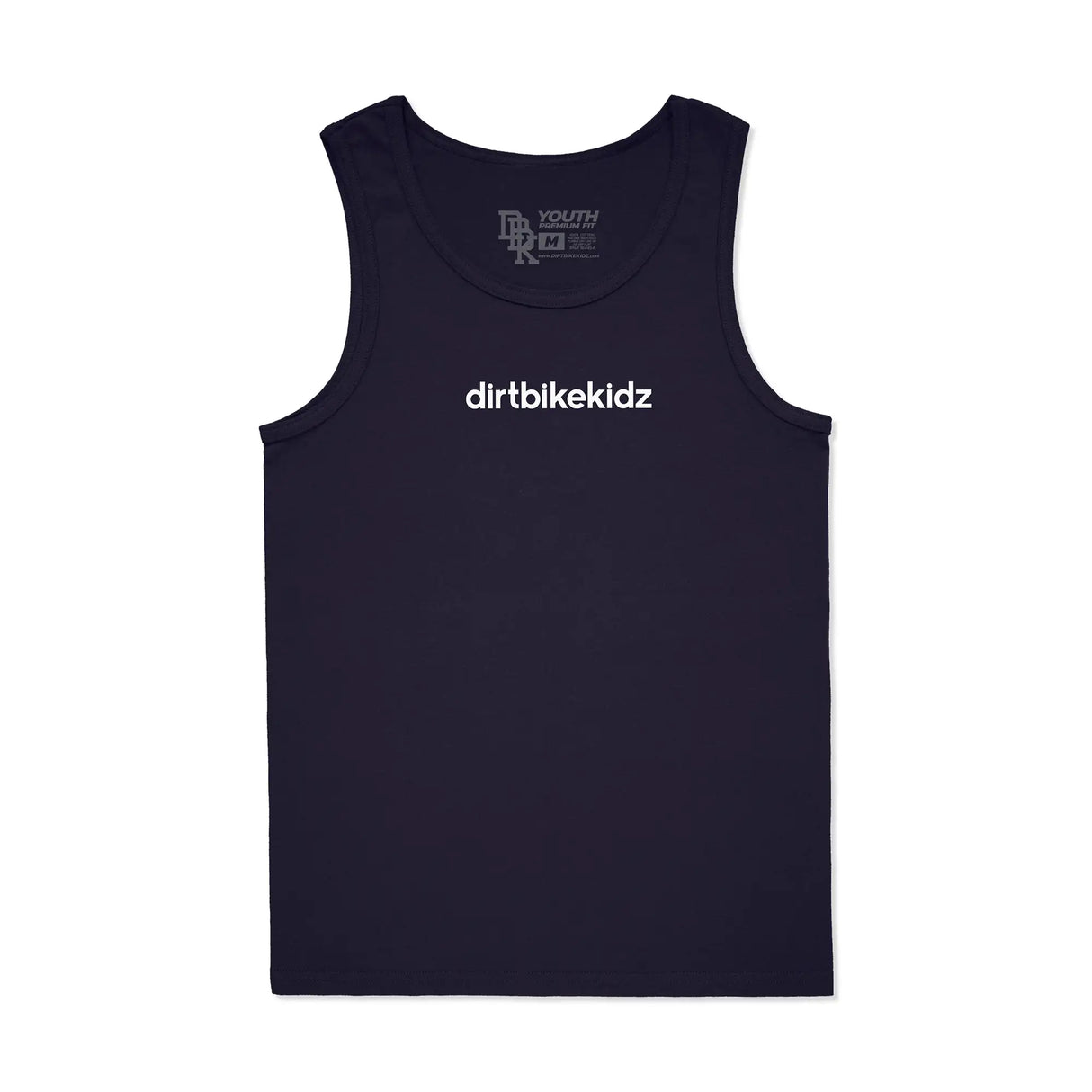 Navy youth tank top with 'dirtbikekidz' text on front, crew neck.