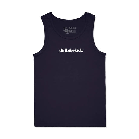 Navy youth tank top with 'dirtbikekidz' text on front, crew neck.