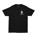 Black FU Tee with small chest logo print, crew neck short sleeves.