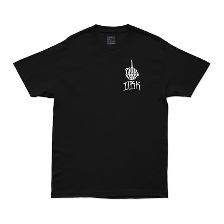 Black FU Tee with small chest logo print, crew neck short sleeves.