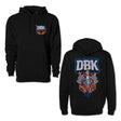 Black wide open hoodie with front kangaroo pocket, drawstring hood, and small DBK chest logo