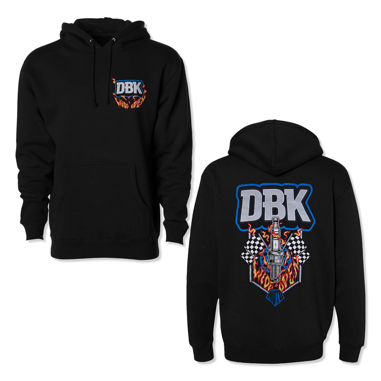 Black wide open hoodie with front kangaroo pocket, drawstring hood, and small DBK chest logo
