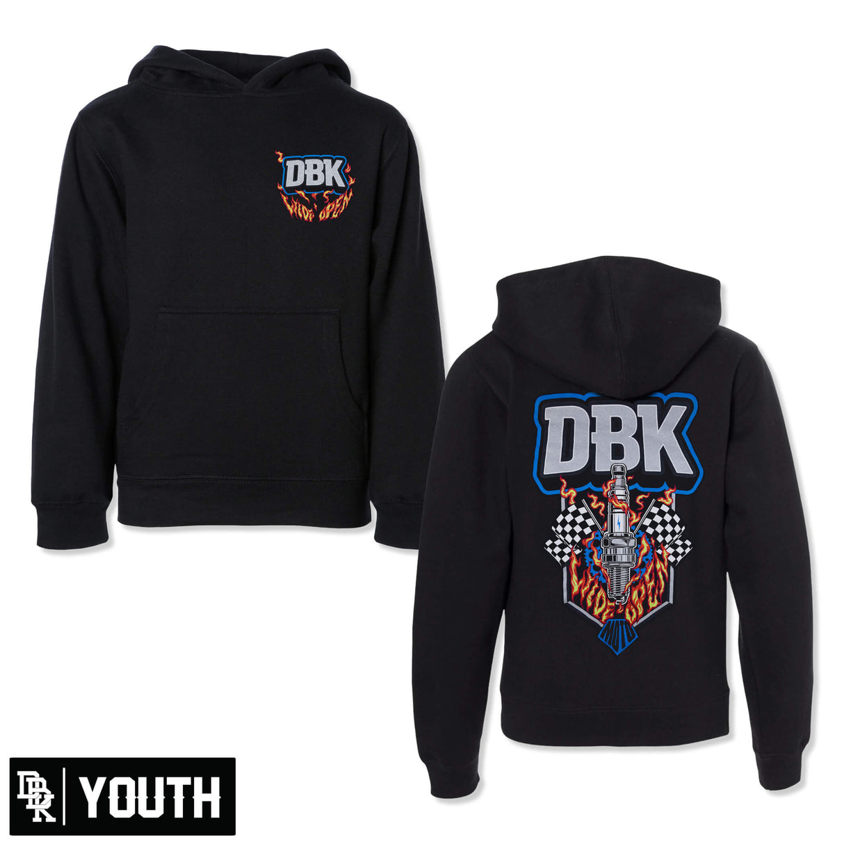 Youth black hoodie with front kangaroo pocket and small chest graphic, flame “DBK” logo
