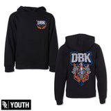 Youth black hoodie with front kangaroo pocket and small chest graphic, flame “DBK” logo