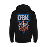 Wide Open pullover hoodie in black with large DBK back graphic