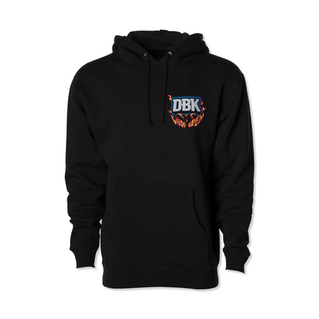 Black Wide Open Hoodie front view with hood and drawstrings, small DBK flame logo