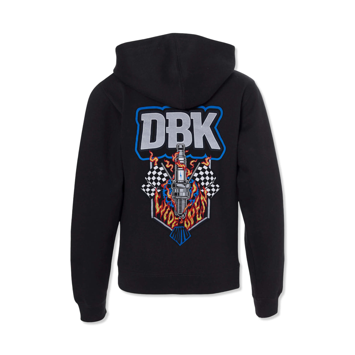 Youth black hoodie with large back graphic featuring “DBK” and burning microphone