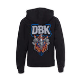 Youth black hoodie with large back graphic featuring “DBK” and burning microphone