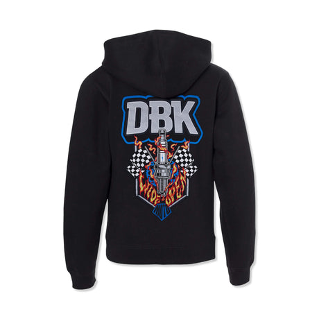 Youth black hoodie with large back graphic featuring “DBK” and burning microphone