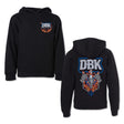Youth black pullover hoodie with front pocket and flame “DBK” graphics on front and back