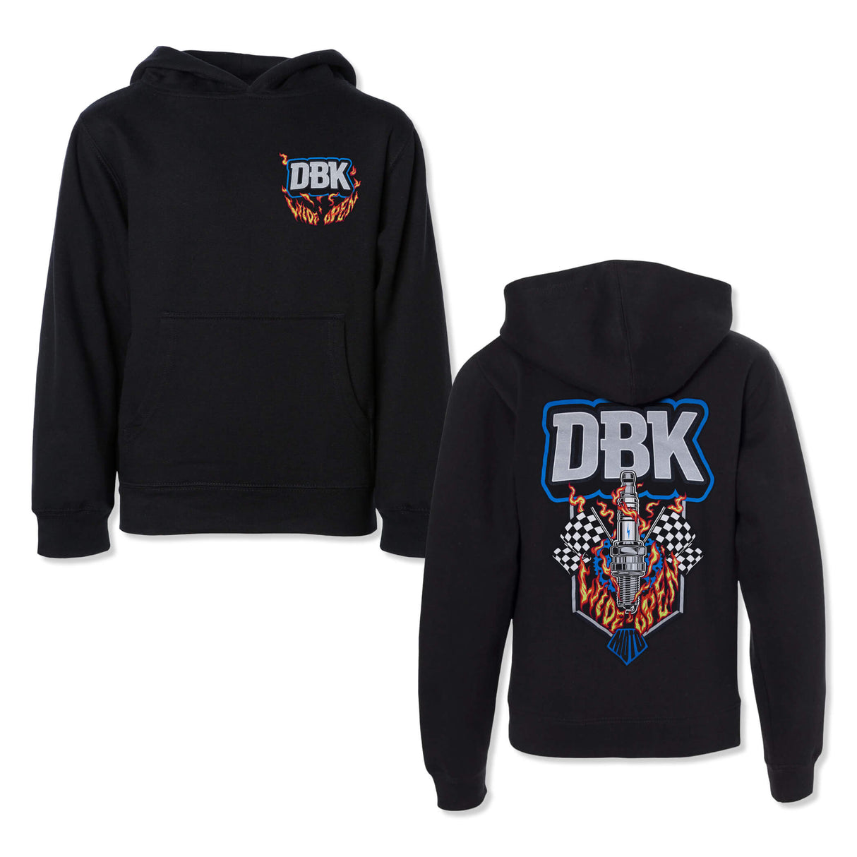 Youth black pullover hoodie with front pocket and flame “DBK” graphics on front and back