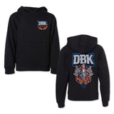 Youth black pullover hoodie with front pocket and flame “DBK” graphics on front and back