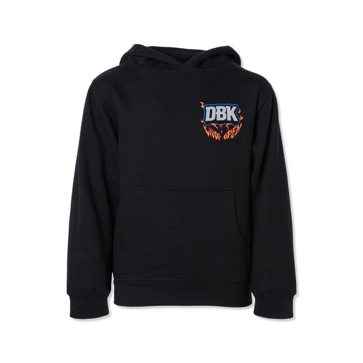 Youth black hoodie with pullover hood and small chest “DBK” flame logo