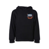 Youth black hoodie with pullover hood and small chest “DBK” flame logo