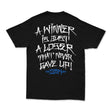 Black graphic T-shirt with large white back text and blue bottom logo