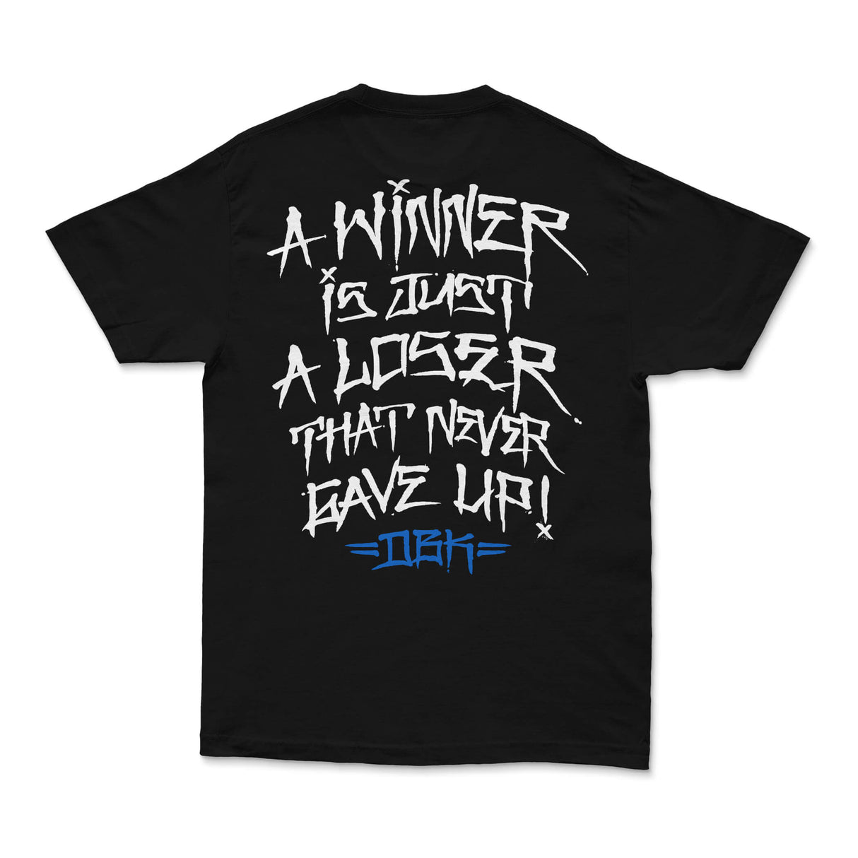 Black graphic T-shirt with large white back text and blue bottom logo