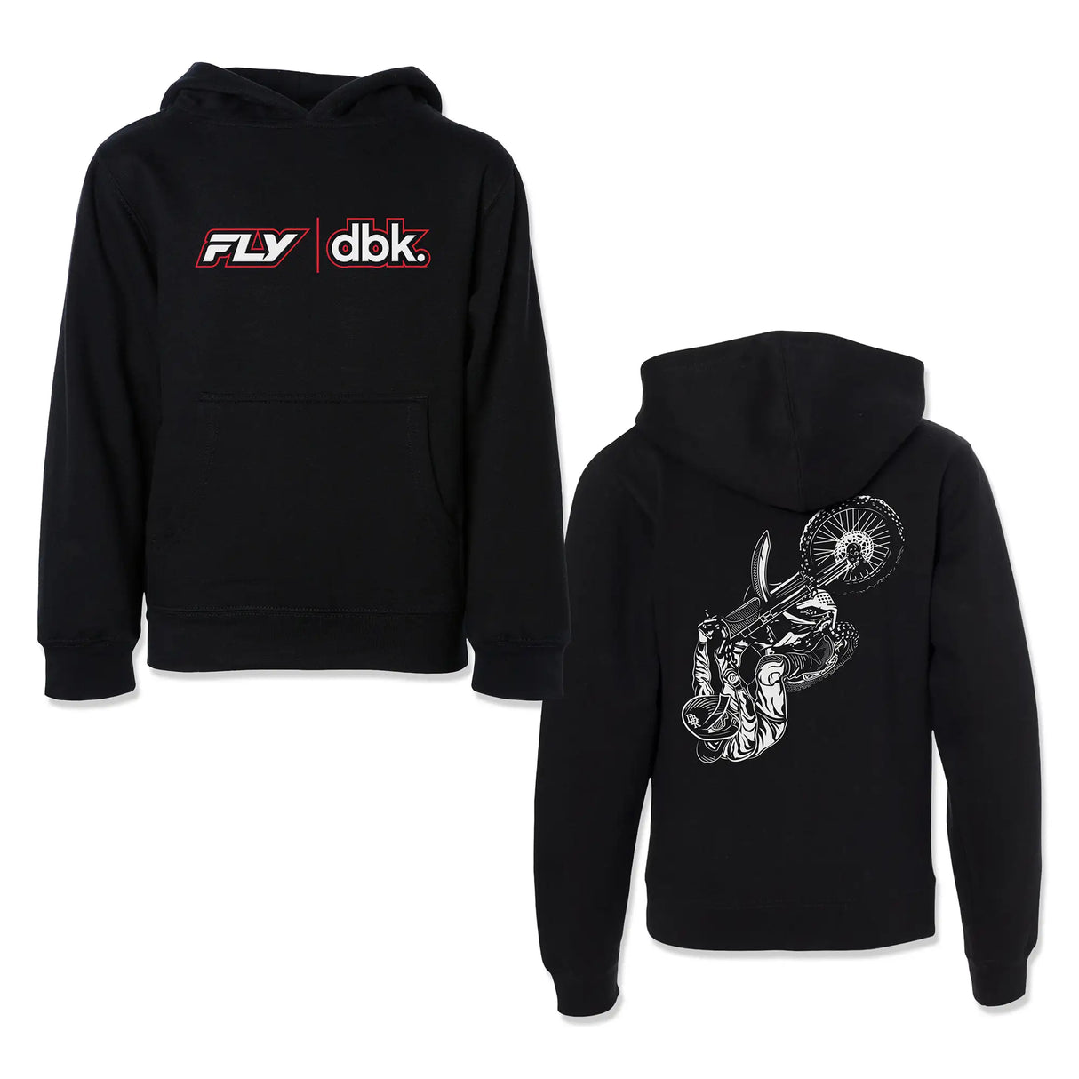 Youth black hoodie with FLY dbk logo on front chest and kangaroo pocket