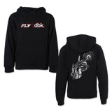 Youth black hoodie with FLY dbk logo on front chest and kangaroo pocket