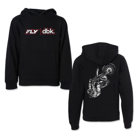 Youth black hoodie with front FLY dbk logo, hood and kangaroo pocket