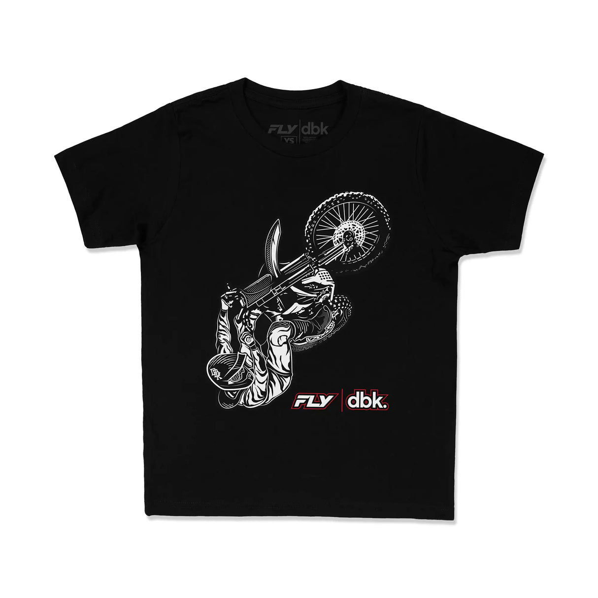 Black youth premium T-shirt with large white graphic and red FLY dbk logo on chest