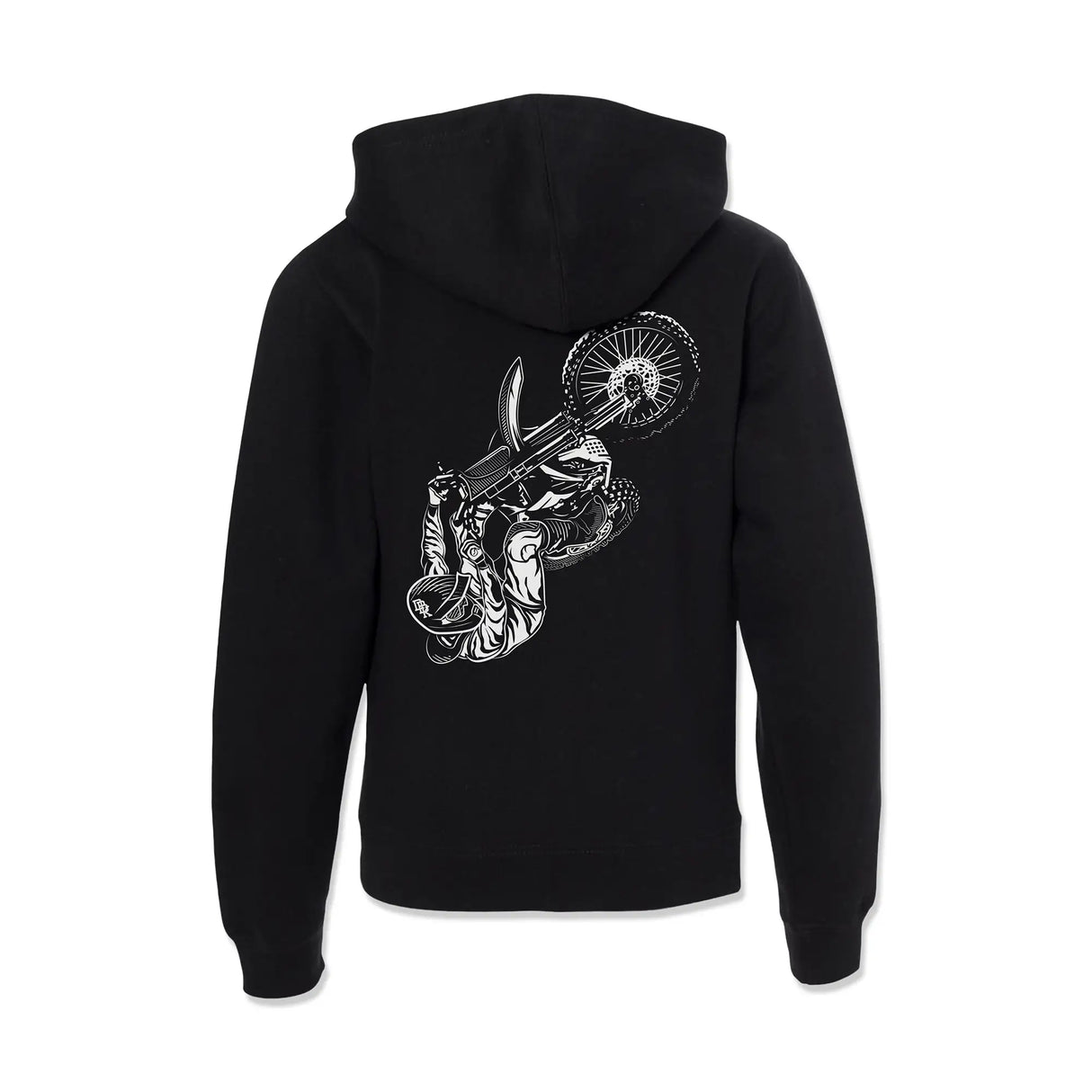Youth black hoodie back view with rider and wheel graphic